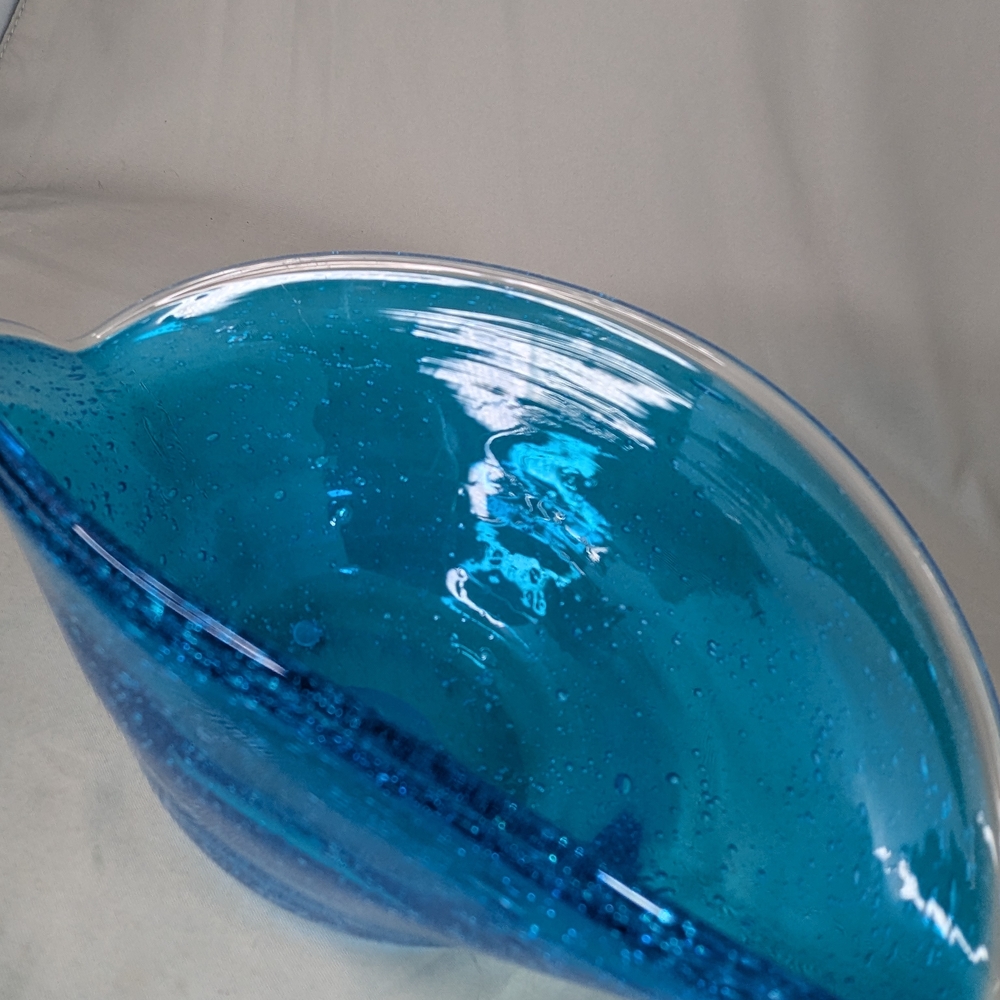 Vtg Blue Bubbled Glass Bowl Art Oblong Candy Dish Flower Vase Fruit Bowl - Picture 11 of 16